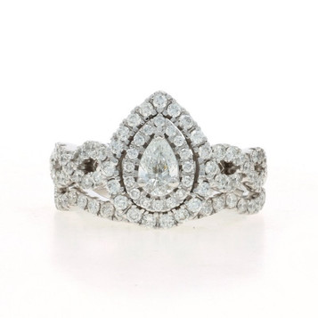 White Gold Diamond Double Halo Engagement Ring & Wedding Band - 14k Pear 1.00ctw