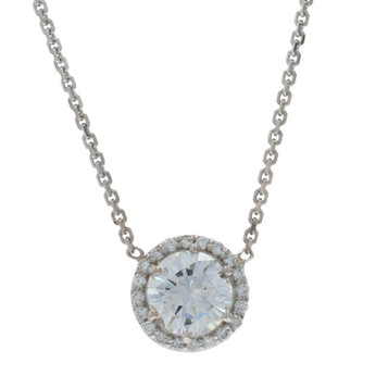 White Gold Diamond Halo Pendant Necklace - 14k Round Brilliant .88ctw GIA