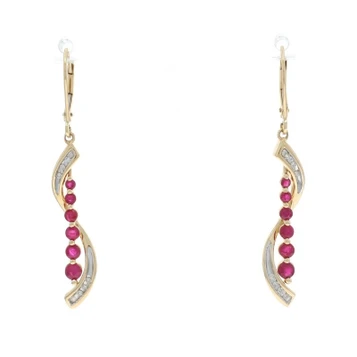 Yellow Gold Ruby Diamond Dangle Earrings - 14k Round 1.15ctw Pierced