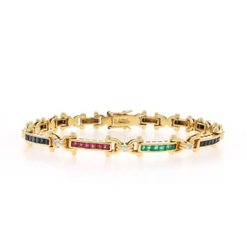 Yellow Gold Sapphire Ruby Emerald Link Bracelet 7" - 18k Square 1.38ctw