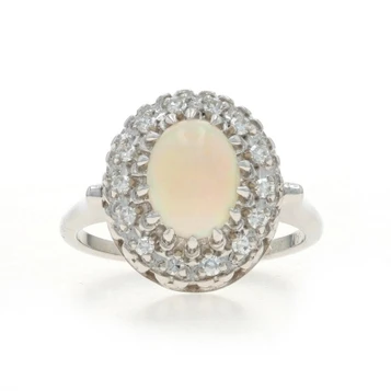 White Gold Opal Diamond Vintage Halo Ring - 14k Oval Cabochon 1.53ctw