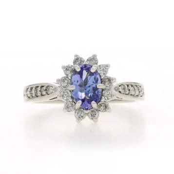 White Gold Tanzanite Diamond Halo Ring - 14k Oval 1.14ctw