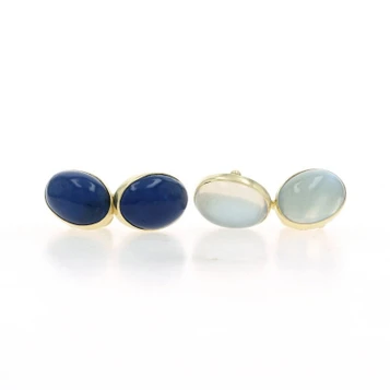 Yellow Gold Lapis Moonstone Vintage Mismatched Men's Cufflinks 14k Oval Cabochon