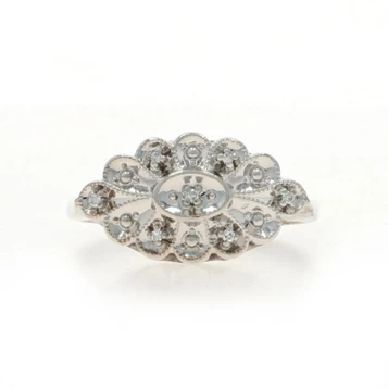 White Gold Diamond Vintage Floral Cluster Ring - 10k Single Cut