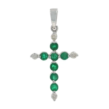 White Gold Emerald Diamond Cross Pendant - 14k Round .43ctw Faith