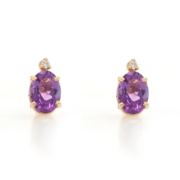 Yellow Gold Amethyst Diamond Stud Earrings - 14k Oval 1.72ctw Pierced
