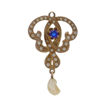 Yellow Gold Pearl Simulated Sapphire Edwardian Lavaliere Pendant - 10k Antique