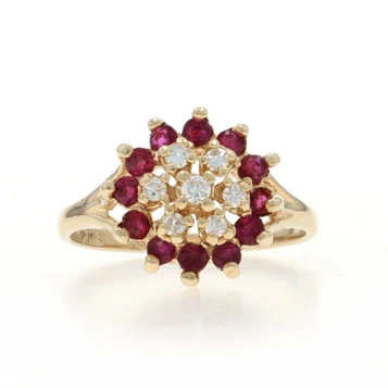 Yellow Gold Ruby Diamond Cluster Halo Ring - 14k Round .82ctw Floral