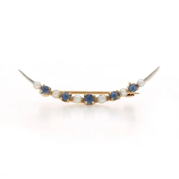 YellowGold Sapphire Pearl Edwardian Crecent Moon Brooch 14k Rd.48ctw Antique Pin