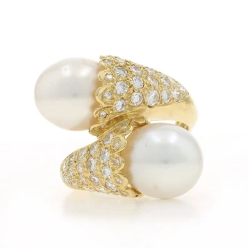 Yellow Gold South Sea Pearl Diamond Bypass Ring - 18k 2.02ctw Two-Stone
