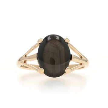 Yellow Gold Black Golden Sheen Sapphire Solitaire Ring -14k Oval Cabochon 2.20ct