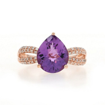 Rose Gold Amethyst Diamond Hidden Halo Ring - 10k Pear Checkerboard 3.84ctw