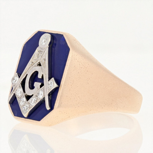 Mens Enameled 1920s Masonic Diamond Ring 14K White Gold