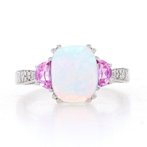 14k White Gold Cushion Created Opal, Pink Sapphire And Diamond Ring 14k White Gold Cushion Created Opal, Pink Sapphire And Diamond Ring