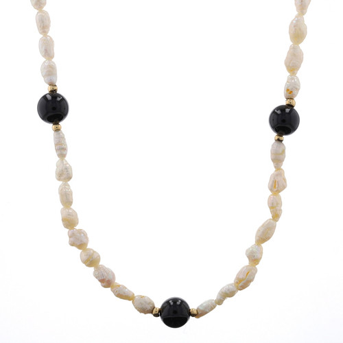 Vintage 14K Gold Hematite Cultured Pearl & Black Onyx Bead 36