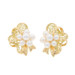 Yellow Gold Pearl Floral Scroll Bow Lg Stud Earrings - 18k Adjust Screw Clip-Ons
