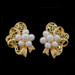 Yellow Gold Pearl Floral Scroll Bow Lg Stud Earrings - 18k Adjust Screw Clip-Ons