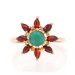 Yellow Gold Green Turquoise Garnet Vintage Botanical Ring - 14k .72ctw Flower