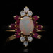 Yellow Gold Australian Opal Diamond Ruby Ring 14k Oval Cabochon 1.25ctw Halo