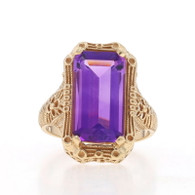 Yellow Gold Lab-Created Amethyst Cocktail Solitaire Ring -10k Emerald Cut 5.43ct