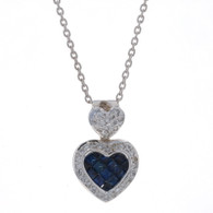 White Gold Sapphire Diamond Heart Duo Halo Necklace 16 1/2" -18k Princess .80ctw