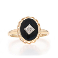 Yellow Gold Onyx & Diamond Ring - 10k Scallop Milgrain