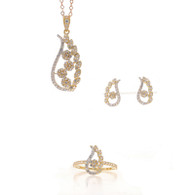 Yellow Gold Cubic Zirconia Floral Paisley Earrings Necklace Ring Set 15 1/2" 18k