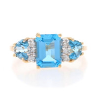Yellow Gold Blue Topaz Diamond Ring - 14k Emerald & Trillion 2.69ctw Three-Stone