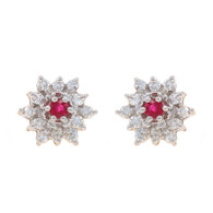 Yellow Gold Ruby Diamond Halo Stud Earrings - 14k Round .64ctw Floral Pierced