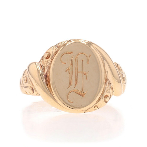 Yellow Gold Art Deco Initial F Signet Men's Ring - 10k Scrollwork