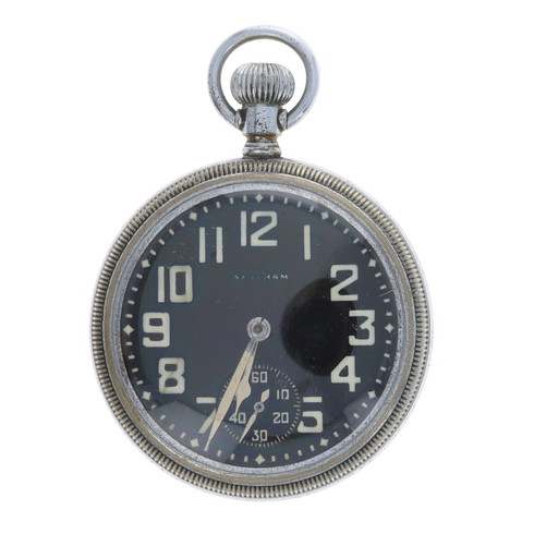 Waltham Premier Military Open Face Pocket Watch - Silver Toned