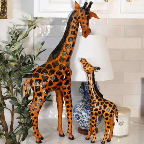 Pair of Giraffe Statues 30in & 20in Handmade Leather Animals for Home Decor
