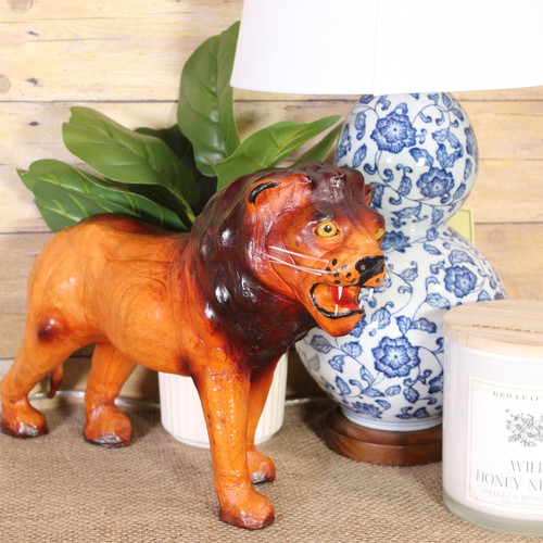 Lion Roaring Statue Handmade Leather Figurine for Home Decor