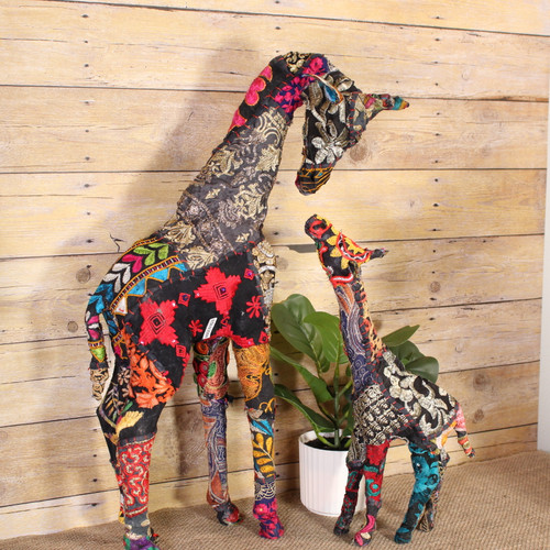 Eclectic Giraffe Statues 30in & 20in - Set of 2 Mother & Child Figurines Boho Chic Home Decor