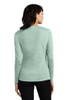 model back view District® women’s Perfect Blend® long sleeve tee featuring shoulder-to-shoulder taping and tear-away label.