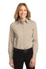 Front view of women’s long sleeve easy care shirt with open collar, dyed-to-match buttons, and adjustable cuffs.