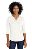 Front view of women’s 3/4-sleeve split neck top with jersey knit fabric, relaxed fit, and modern drop shoulder style.