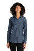 Women's denim long sleeve port authority shirt model front view