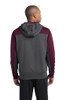 model wearing Sport-Tek®  Tech Fleece Colorblock 1/4-Zip Hooded Sweatshirt in back