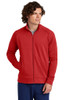 Model wearing the red Sport-Tek® Sport-Wick® Stretch Full-Zip Cadet Jacket