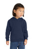 Front view of toddler hooded sweatshirt with cozy fleece fabric and easy, no drawcord hood design.