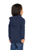 model back view of toddler hooded sweatshirt with cozy fleece fabric and easy, no drawcord hood design.