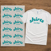 DTF gang sheet transfer mockup featuring repeating “shirts from fargo” logo transfers on a transparent sheet beside a white t-shirt with matching teal logo print.