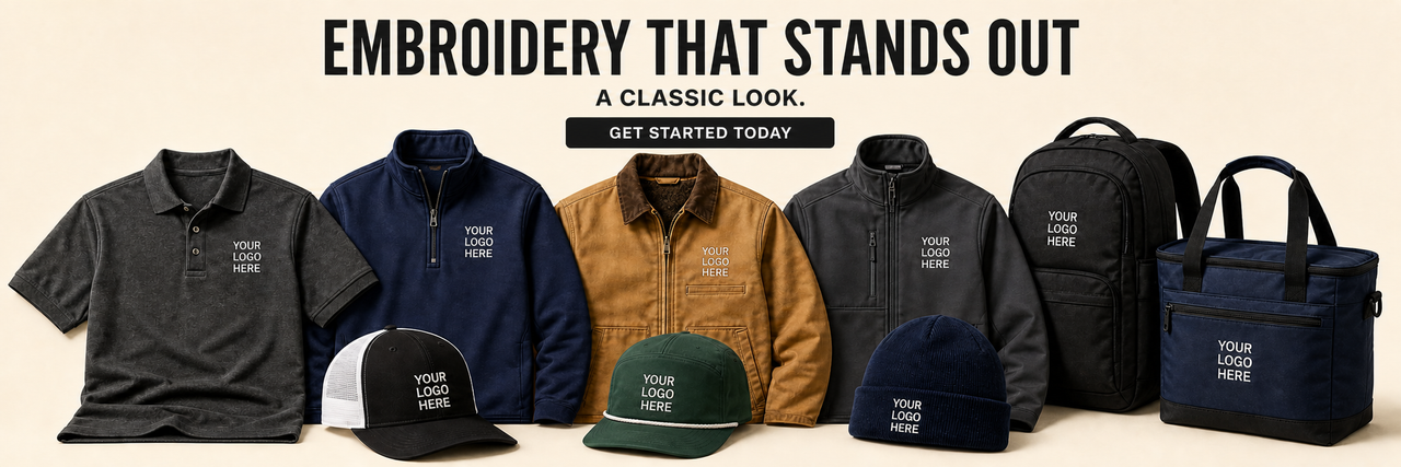 Custom embroidered polos, quarter-zips, work jackets, five-panel trucker hats, beanies, backpacks, and cooler totes with stitched logo examples