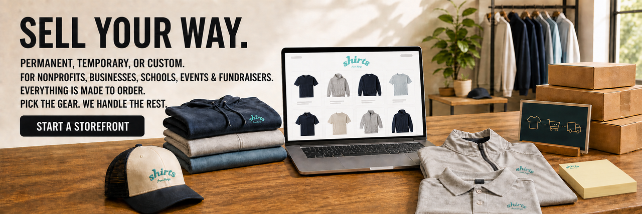 Custom storefront setup with decorated apparel, branded hats, online store preview, made-to-order fulfillment, and custom promotional products for fundraisers, schools, businesses, nonprofits, and events.