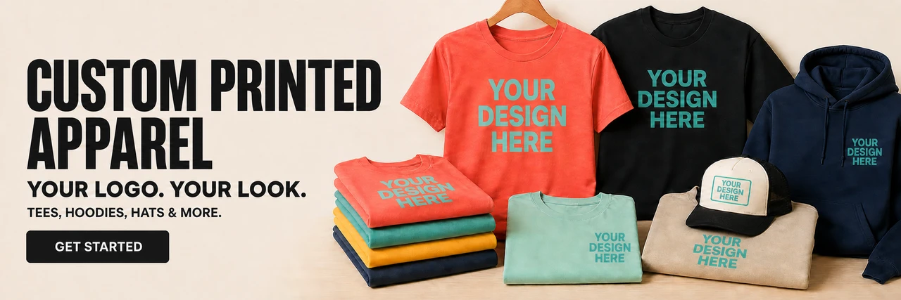 Custom printed apparel banner featuring T-shirts, hoodies, sweatshirts, and a five-panel hat with “Your Design Here” print examples.