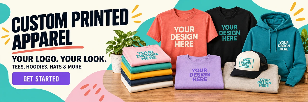 Colorful Shirts From Fargo banner showcasing custom T-shirts, hoodies, folded apparel, and a trucker cap with the message “Custom Printed Apparel—Your Logo. Your Look.”