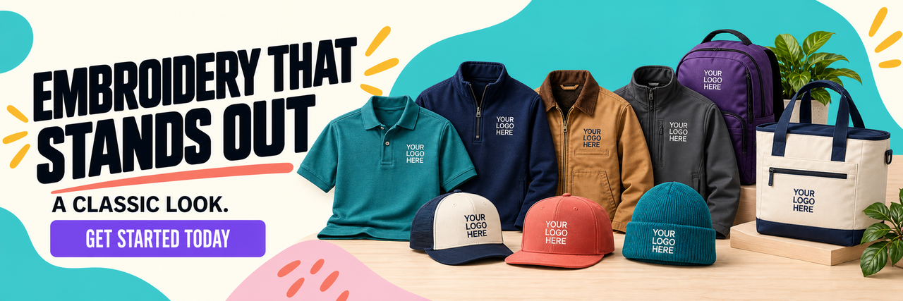 Shirts From Fargo embroidery banner featuring polos, jackets, caps, a beanie, backpack, and tote with embroidered logo placeholders and the message “Embroidery That Stands Out.”