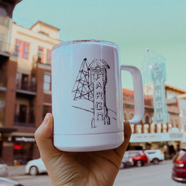 Custom steel mug with clear lid and squared handle for easy drinking