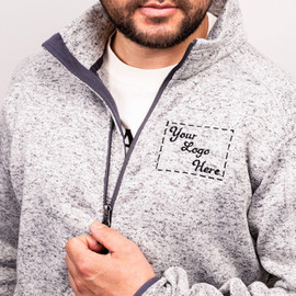 Custom embroidered sweater fleece jacket with left chest design.